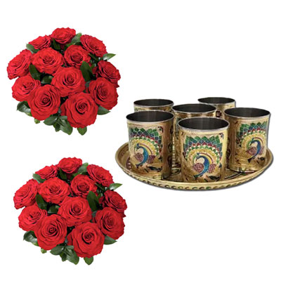 "Meenakari design coated Tray with Glasses, Red Roses Bunches - Click here to View more details about this Product